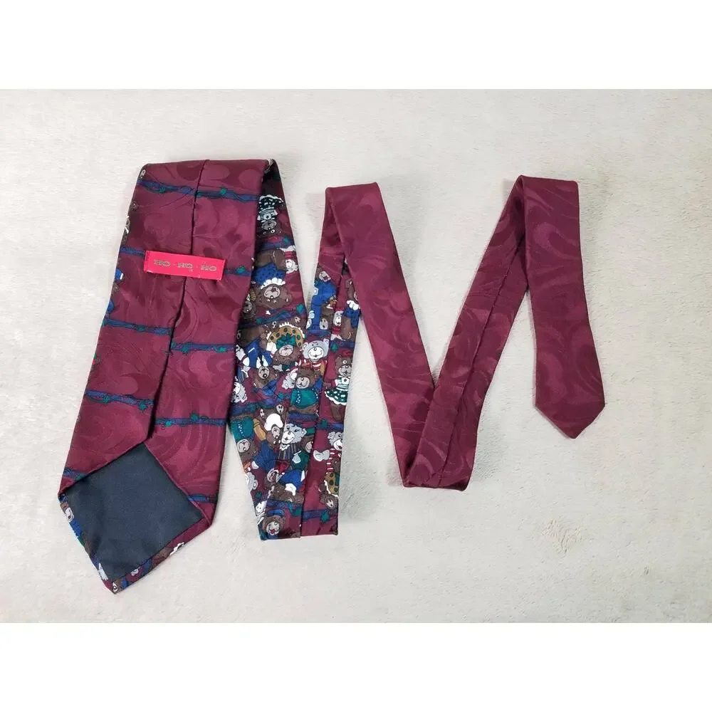 Ho Ho Ho Men Tie Christmas Teddy Bear Burgundy Silk Holidays Vintage Collectible